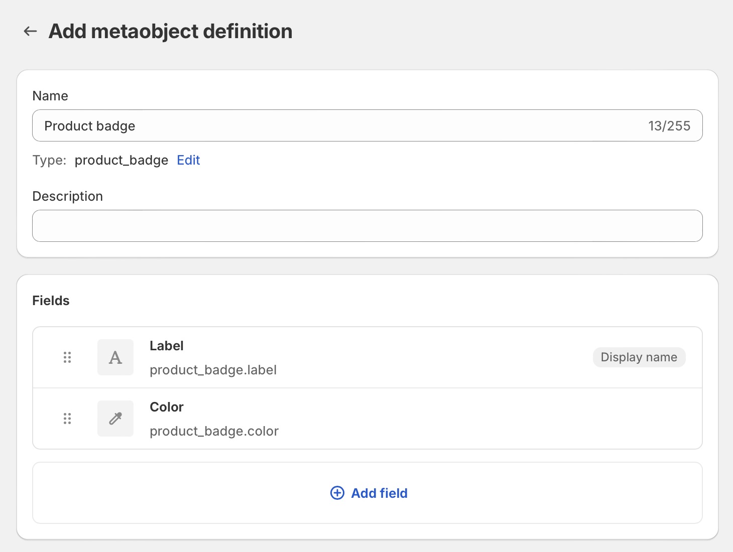 Custom badge metaobject configuration